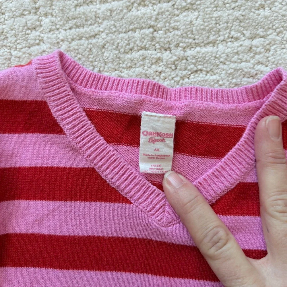 OshKosh B'gosh Girls Pink Red Striped V-Neck Cotton Knit Sweater Size 6X Sporty